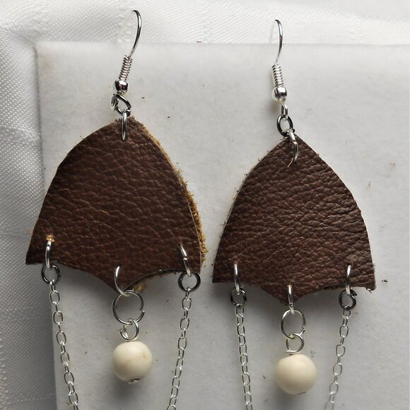 No.1138 Handmade earrings with leather pieces 2 1/2 inches long - Picture 3 of 4